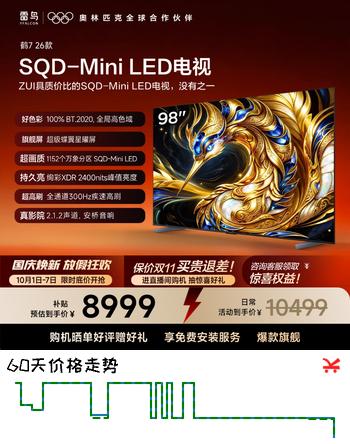 【9折】FFALCON雷鸟电视鹤7 26款 98英寸 万象分区SQD-MiniLED 2400nits 高阶VA 安桥音响300Hz高刷 98R79A 98英寸 平板电视https://u.jd.com/FGM4sb0----普遍有货 | 下1件最优到手单价：10457 -> 【9449.1】