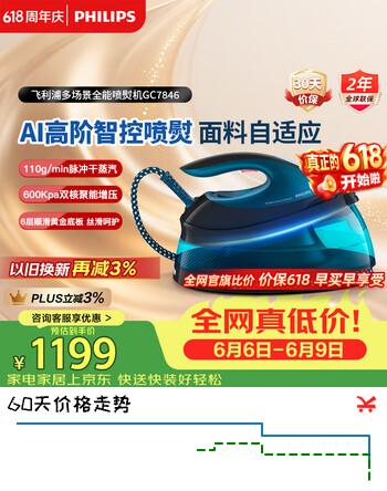 飞利浦（PHILIPS）【价保618】手持增压式蒸汽电熨斗家用挂烫机无损熨烫机 110g/min 1.5L 智能温控  GC7846/88