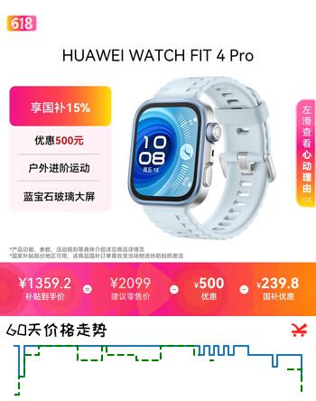 华为HUAWEI WATCH FIT 4 Pro 海岛蓝氟橡胶表带华为智能手表钛金属蓝宝石玻璃大屏长续航fit4pro