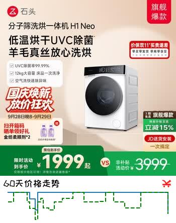 【8折】石头分子筛洗烘一体机H1 Neo冰川白 12kg全自动滚筒洗衣机 智能投放 国家补贴XQGH120RR03https://u.jd.com/46Rtq9b----普遍有货 | 下1件最优到手单价：2716.38 -> 【2351.76】