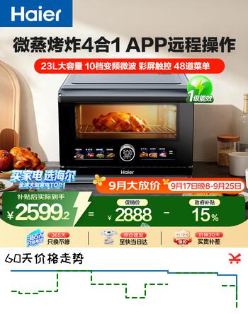 【9折】海尔百味1.0 微蒸烤炸一体机家用台式蒸箱平板微波炉空气炸蒸烤箱 23L HW-CE23ZYAU1https://u.jd.com/46IuAsO----多半有货 | 下1件最优到手单价：2903.12 -> 【2738】