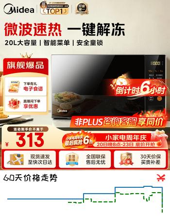 【7折】美的（Midea）【行业爆品】微波炉家用 360°均匀速热一键解冻 700W大火力 20L智能菜单 按键操作 情人节礼物 黑色 20Lhttps://u.jd.com/k1aRR2T----普遍有货 | 下1件最优到手单价：352.93 -> 【273】