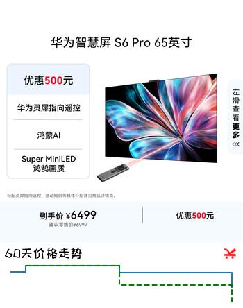 【8折】华为智慧屏 S6 Pro 65英寸 投屏好搭档  MiniLED 灵犀指向遥控 鸿蒙AI平板电视机Mate 投屏搭档https://u.jd.com/F6IEvao----多半有货 | 下1件最优到手单价：5198.94 -> 【4331.6】