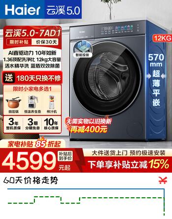 【8折】海尔（Haier）云溪5.0滚筒洗衣机全自动12kg家用大容量1.36高洗净比AI直驱智能投放蓝盾双效除菌家电补贴立减15% 1.36洗净比 智能投放 精华洗 滚筒单洗 12kghttps://u.jd.com/FGdzX9I----普遍有货 | 下1件最优到手单价：5058 -> 【4234.5】