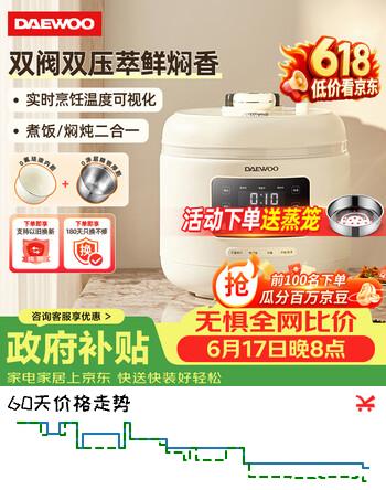 大宇（DAEWOO）【价保618】5L智能电压力锅 电饭锅 1-8人 家用多功能压力煲无水料理大容量电饭煲双内胆 DY-YLG05