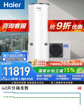 【8折】海尔（Haier）商用空气能热水器500升速热3匹空气源变频热泵 一级能效电辅热家电补贴以旧换新上门安装AFE7https://u.jd.com/4gHl96p----部分有货 | 下1件最优到手单价：13319.1 -> 【10731.96】