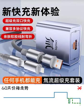 酷威猫氚流双口充电器超级闪充套装适用华为苹果安卓oppo荣耀vivo手机充电头120氮化镓插头多合一数据线 【套装】氚流双口闪充头+四合一光柱线