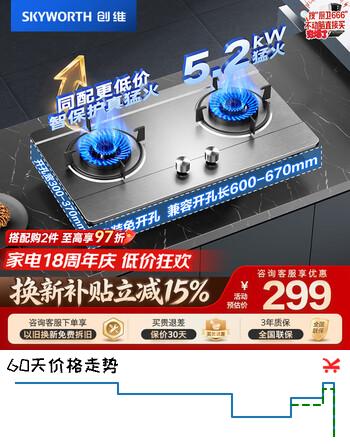 【9折】创维（Skyworth）燃气灶煤气灶双灶家用 5.2kW大火力嵌入式台式两用双眼灶具不锈钢防爆面板厨房炉具 Z50S-1 天然气https://u.jd.com/UroRuy1----部分有货 | 下1件最优到手单价：300 -> 【270】
