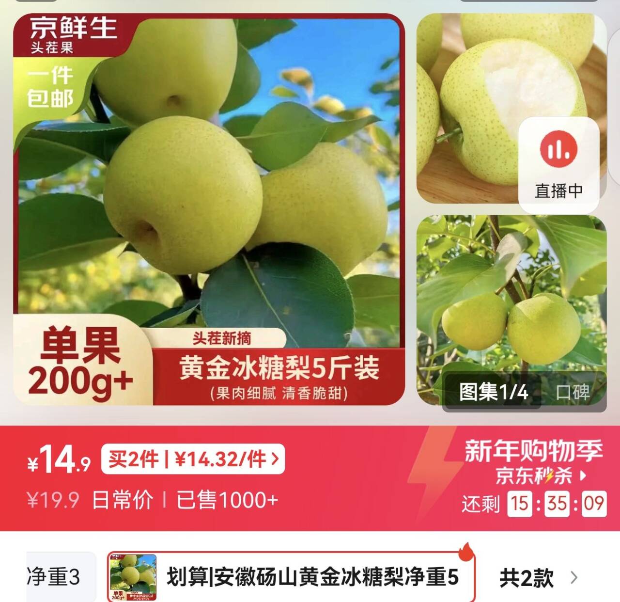 京鲜生安徽砀山黄金冰糖梨 净重5斤装 单果200g+ 生鲜水果源头直发