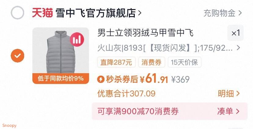 男士立领羽绒马甲雪中飞