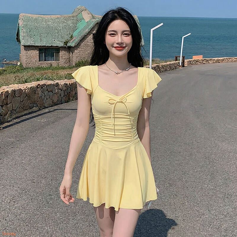 东方骆驼（EASTERN CAMEL）泳衣女裙式连体保守遮肚显瘦韩版ins超仙高级感小胸聚拢温泉泳装 黄色 S 【建议70-85斤】