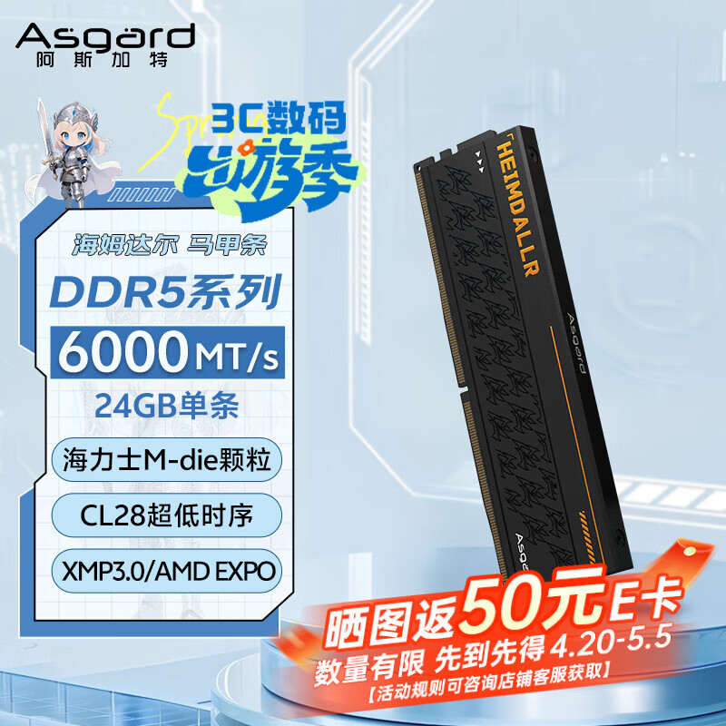 阿斯加特（Asgard）24GB DDR5 6000 台式机内存条 海姆达尔 马甲条 海力士M-die CL28 黑厚甲 AI电脑配件升级