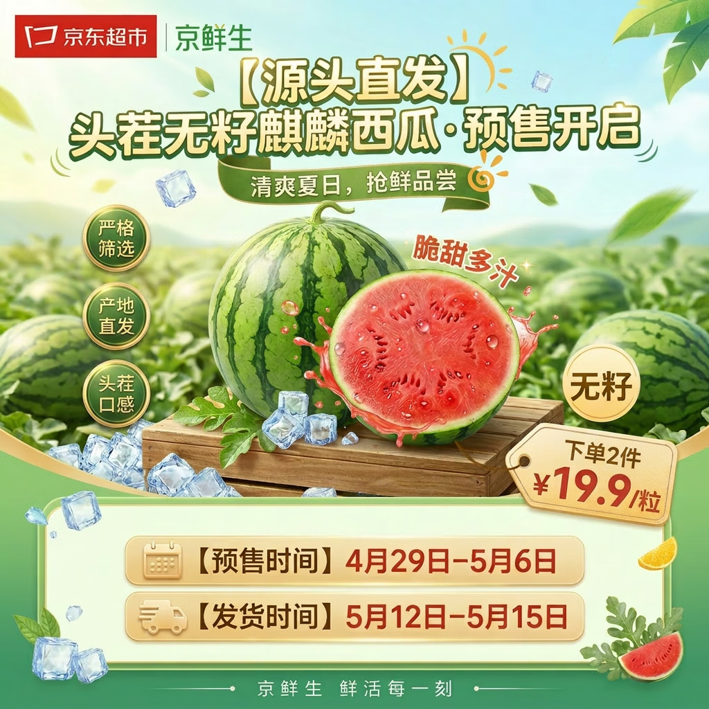 京鲜生 无籽麒麟西瓜 净重5-7斤 1粒生鲜水果源头直发包邮