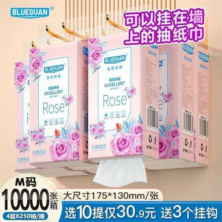 BLUEGUAN家用4D气垫压花纸巾悬挂式抽纸底部抽擦手纸面巾纸餐巾纸批发 挂抽玫瑰款 4层 1000张*10提