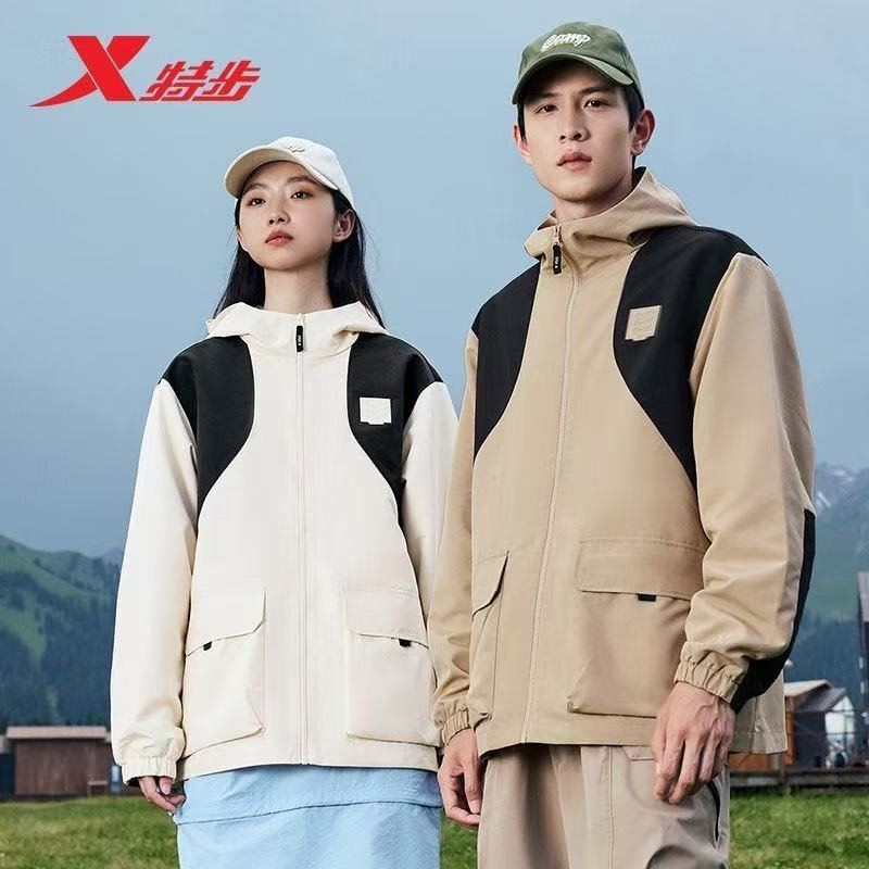 特步防泼水外套秋冬新款男夹克上衣跑步服户外骑行服双层风衣运动服 0110加绒-正黑色-经典简约 L