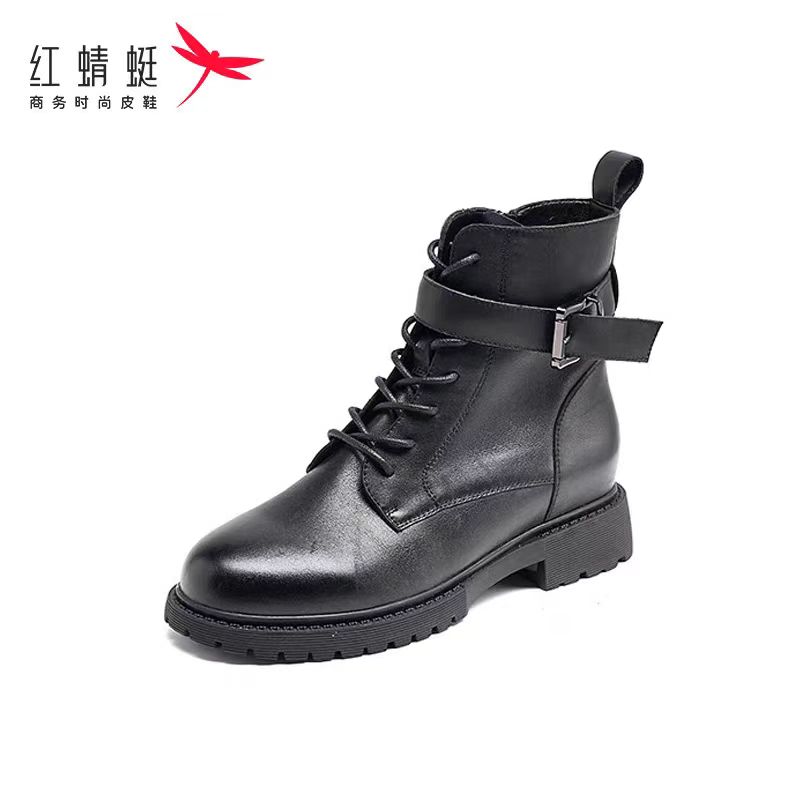 红蜻蜓女士秋冬款通勤保暖皮靴舒适英伦系带马丁靴粗高跟防滑女靴