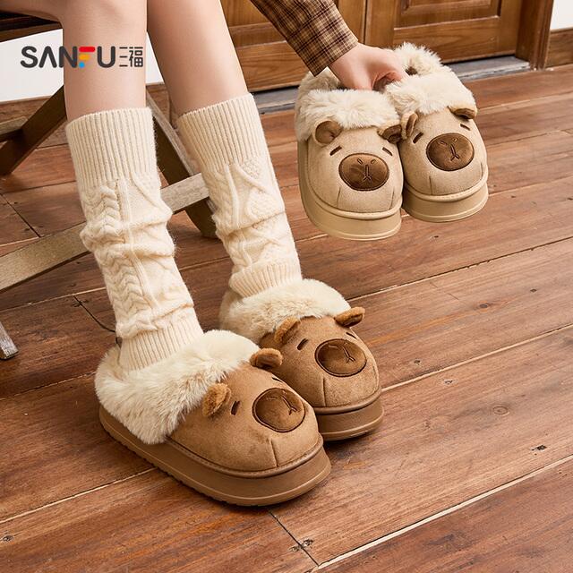 三福棉拖鞋卡皮巴拉室内家居保暖毛绒外穿包跟拖鞋冬季2025新款