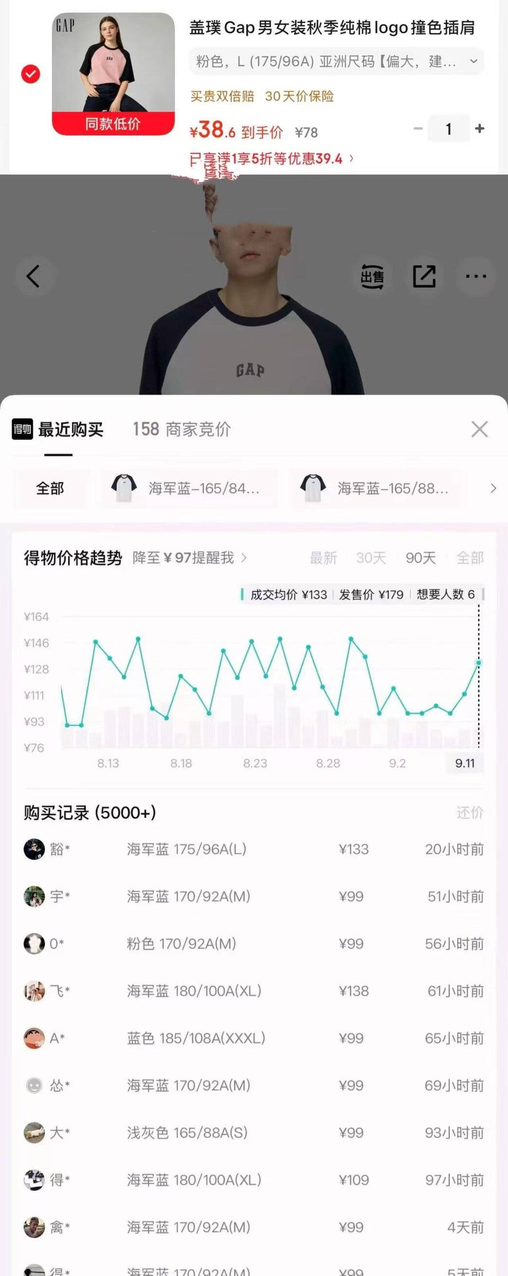 gap5折低价短袖到手39元，得物99 -138货号725618https://u.jd.com/xOXyFUN 