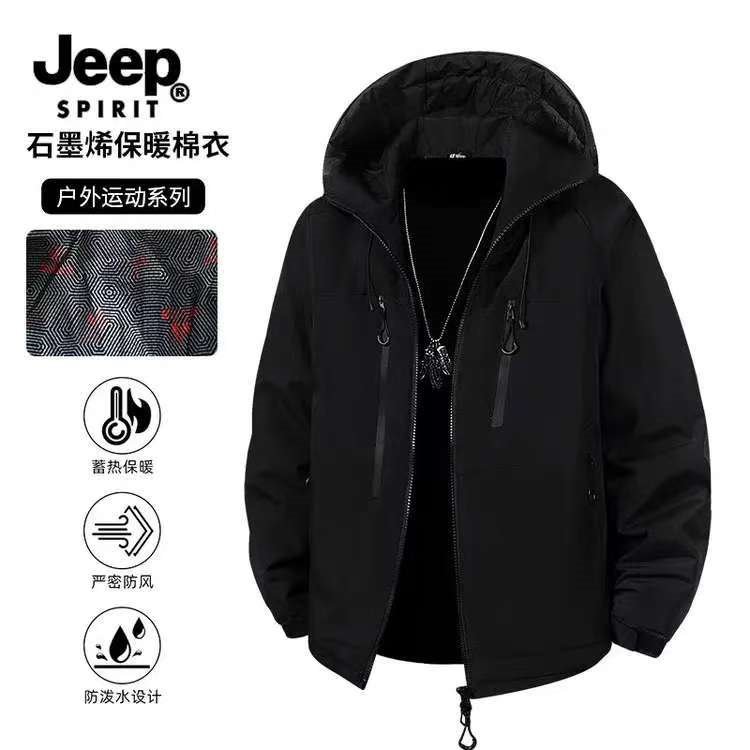 JEEP SPIRIT吉普冲锋棉衣男连帽冬季男士石墨烯羽绒棉服男保暖棉袄登山服 黑色 XL