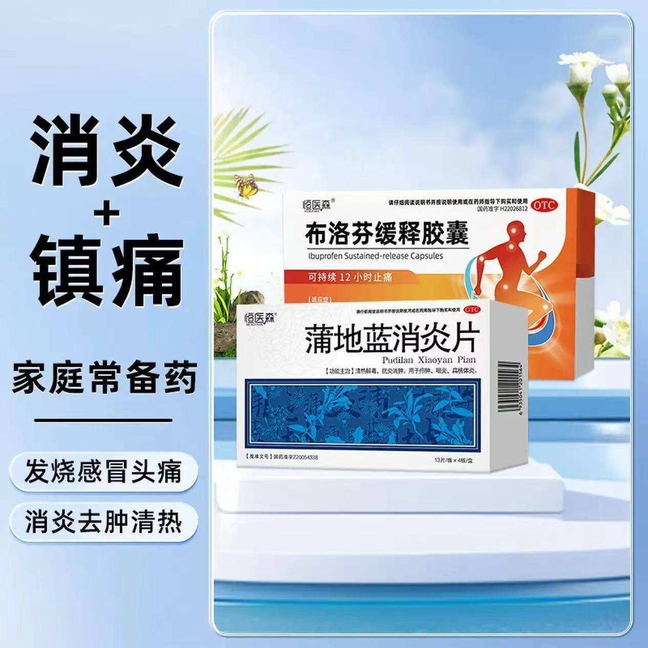 [恒医森]蒲地蓝消炎片 0.31g*52片 1盒+[恒医森]布洛芬缓释胶囊 0.3g*14粒 1盒