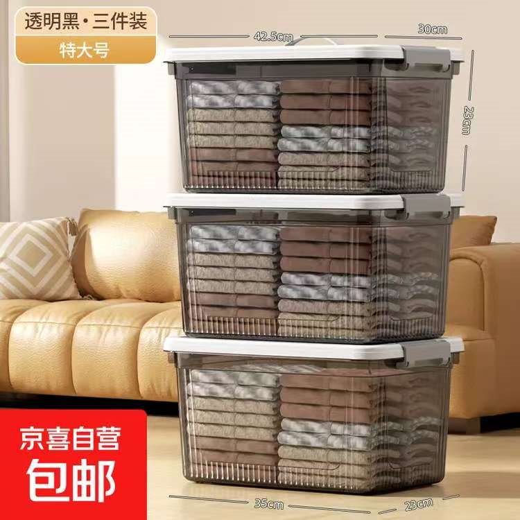 收纳箱透明防尘防霉整理箱子宿舍家用被子衣物储物箱巨大号大容量 特大号-三只装【买一送二】