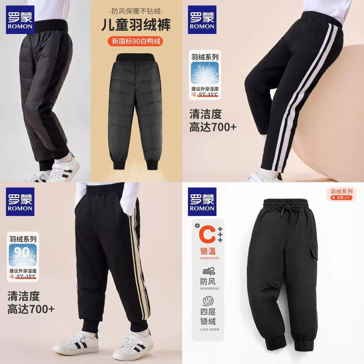 罗蒙儿童羽绒裤男童加厚宝宝中大童外穿婴儿小童工装裤子冬季 黑色拼接羽绒裤LM2226 110