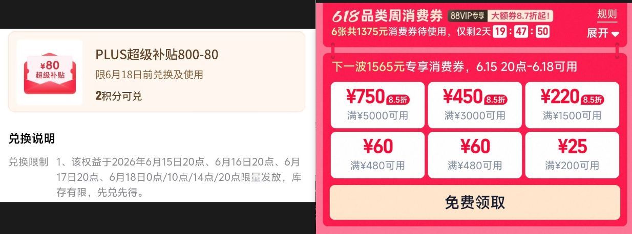 晚20点活动多，大家多留意裙消息！有亰东plus绘员和宝88vip的留意这两张券①亰东800-80全品券https://u.jd.com/V6bhOSx  ②宝 88vip消费券升级新增5000-750/3000-450大鹅券非88会圆也有其他额度的 普通呺记得令！08(aVSug4IhZbb) CZ7587  https://m.Tb.cn/h.RNkNM6n   兰州8.5消费券！先令上！https://u.jd.com/V1bm6co 